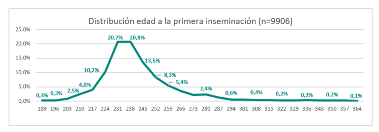 Gráfico de distribución de edad a la primera inseminación
