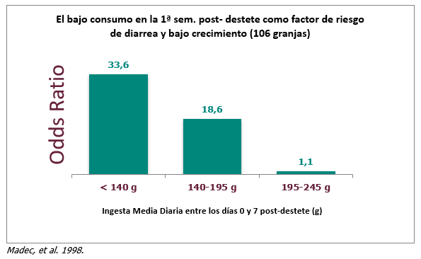 Gráfico descriptivo de la baja ingesta en el post-destete como mayor riesgo a presentar diarreas y bajo crecimiento